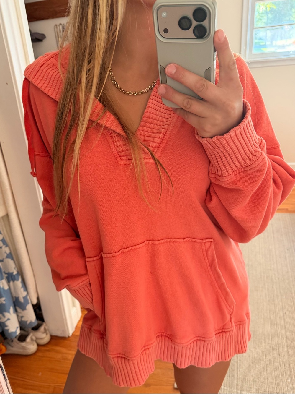 aerie Coral V-Neck Hoodie Sweatshirt